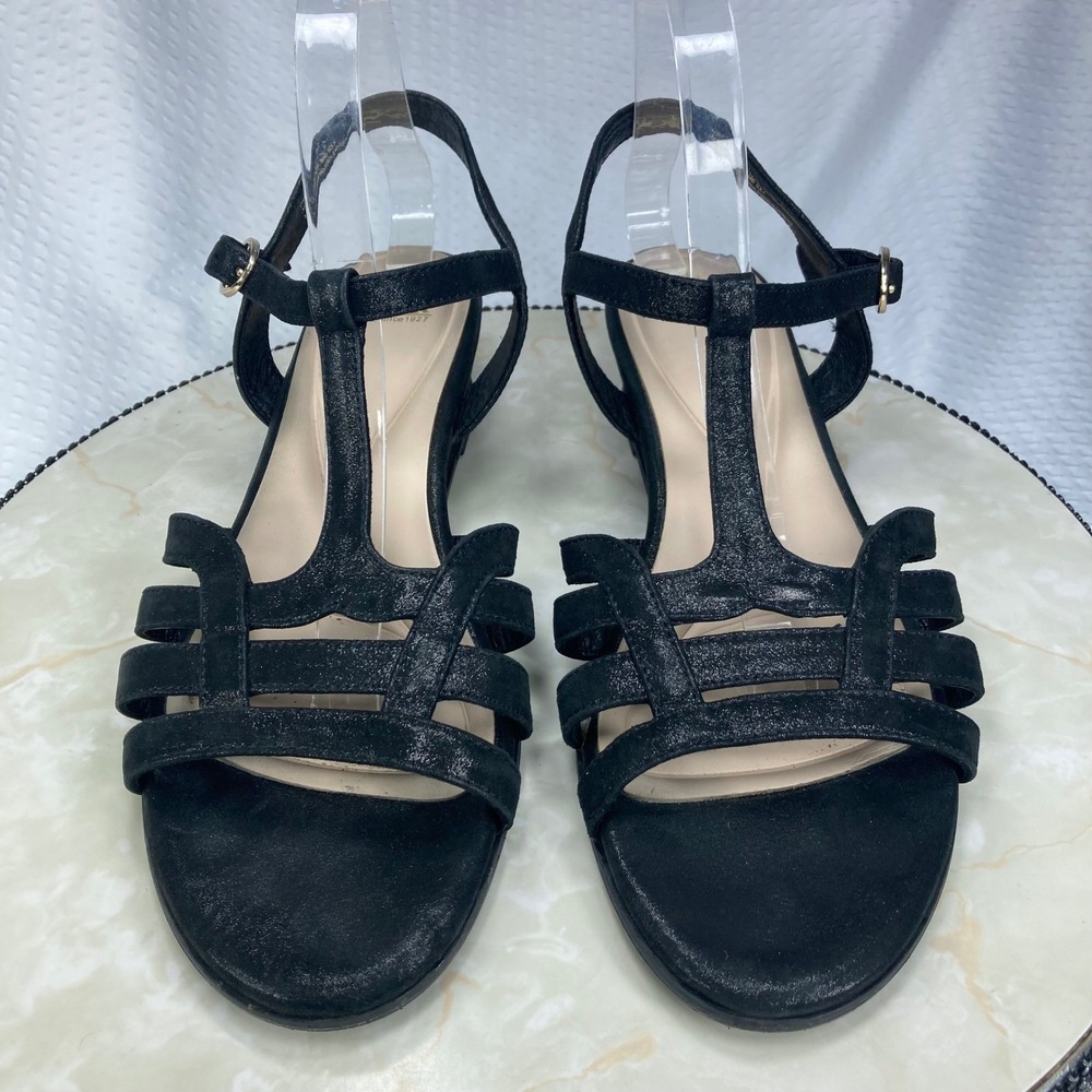 Sofft Shimmer Leather Strappy Wedge Sandals Women 11 Black Summer Comfort Boho - Picture 2 of 12
